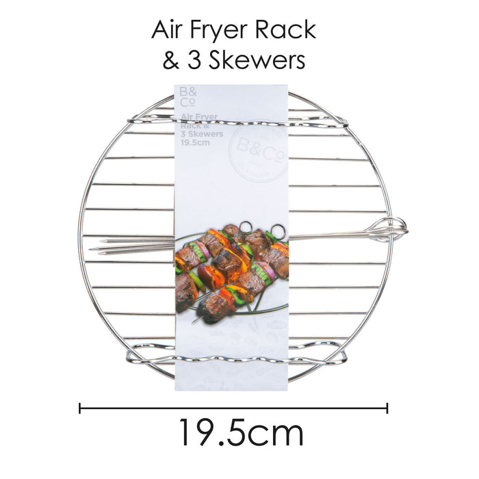 Air Fryer Rack With 3 Skewers - Air Fryer Accessory 19.5cm x 19.5cm x 5cm - Silver