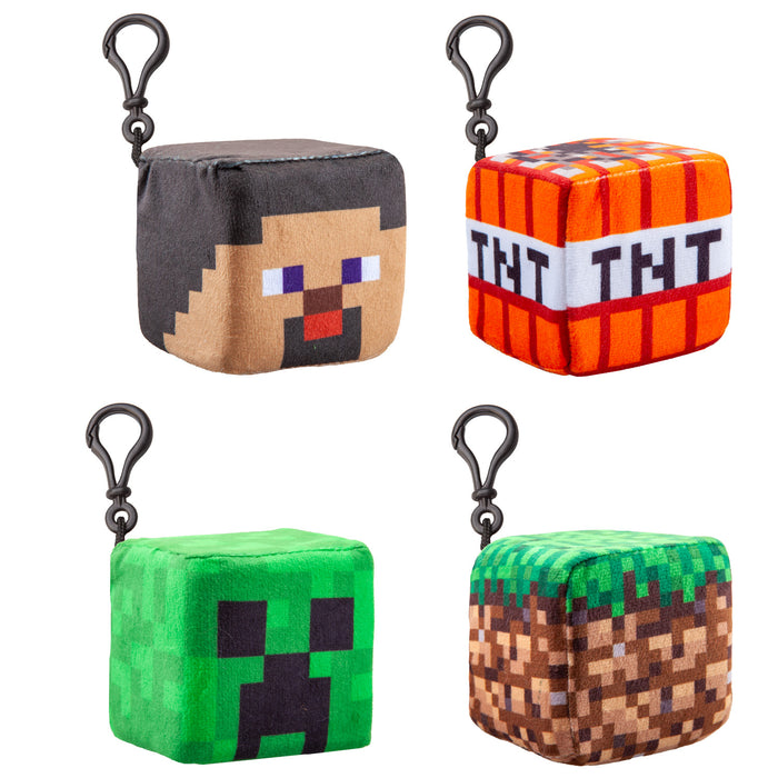 Minecraft Soft Toy Clip On Steve Creeper TNT and Land Blocks Bag Clip Pack of 4