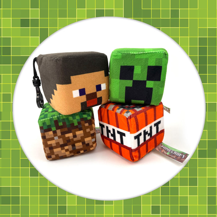 Minecraft Soft Toy Clip On Steve Creeper TNT and Land Blocks Bag
