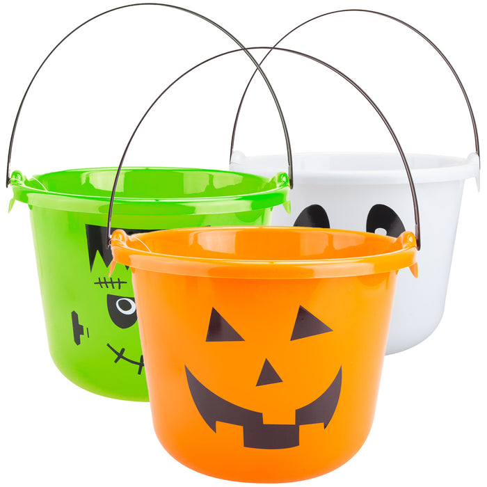Halloween Candy Bucket Pumpkin, Ghost, Frankenstein Light Projecting Pack of 3