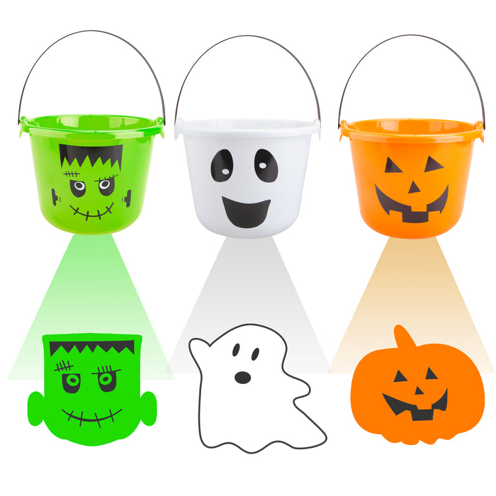 Halloween Candy Bucket Pumpkin, Ghost, Frankenstein Light Projecting