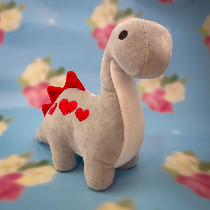 Valentines Soft Toy Dinosaur Grey Diplodocus with Love Hearts Grey Diplodocus 30cm