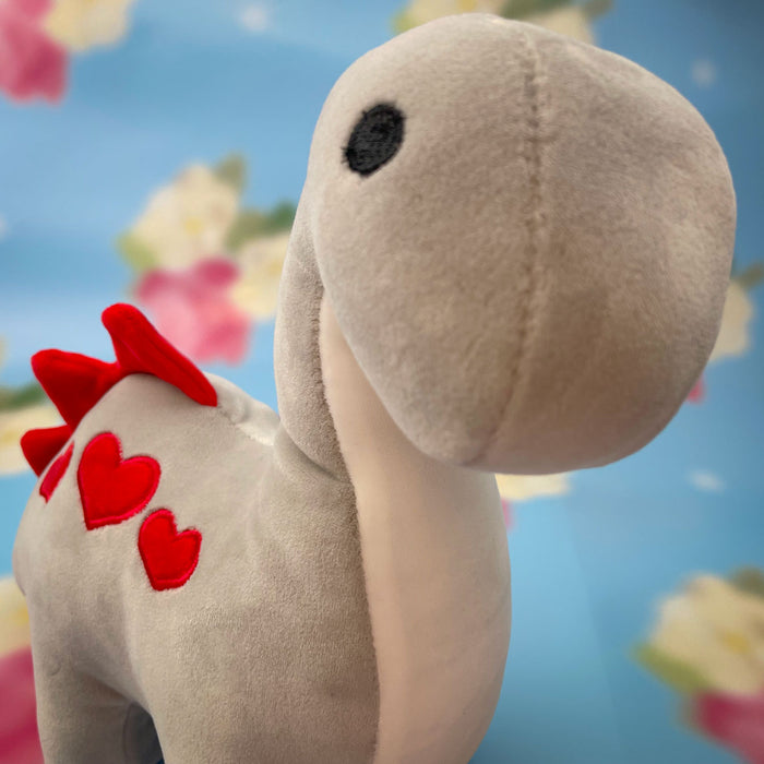 Valentines Soft Toy Dinosaur Grey Diplodocus with Love Hearts Grey Diplodocus 30cm