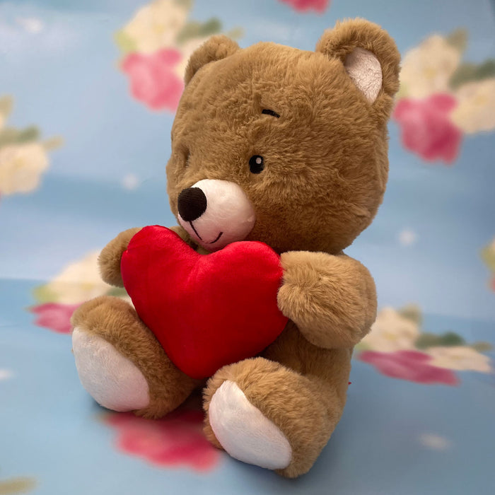 Valentines Soft Toy Bear Holding Love Heart-Fluffy Brown Bear