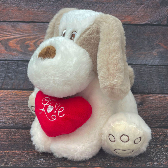 Valentines Soft Toy Dog Puppy Holding Love Heart Plush Toy Brown Dog 22cm