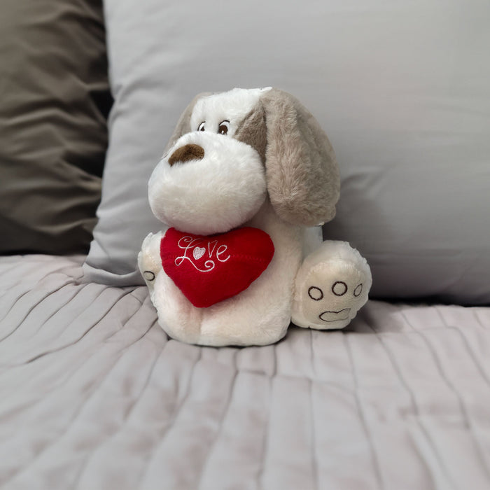 Valentines Soft Toy Dog Puppy Holding Love Heart Plush Toy Brown Dog 22cm