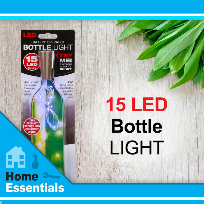 Blue Mini Bottle Lights 15 Battery Operated LEDs With Cork Stopper