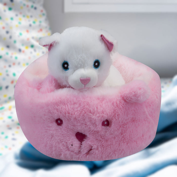 White Cat Pink Bed Soft Toy Cute Plush Fluffy Kitty
