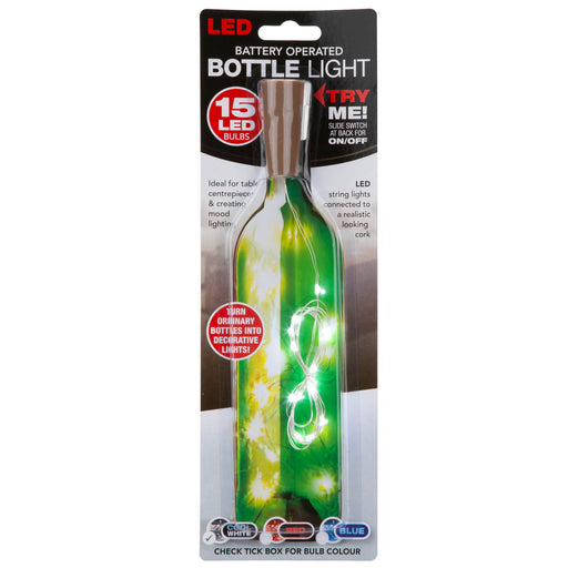 White Mini Bottle Lights 15 Battery Operated LEDs With Cork Stopper