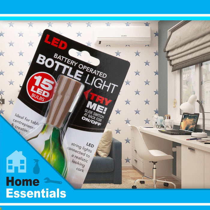 White Mini Bottle Lights 15 Battery Operated LEDs With Cork Stopper