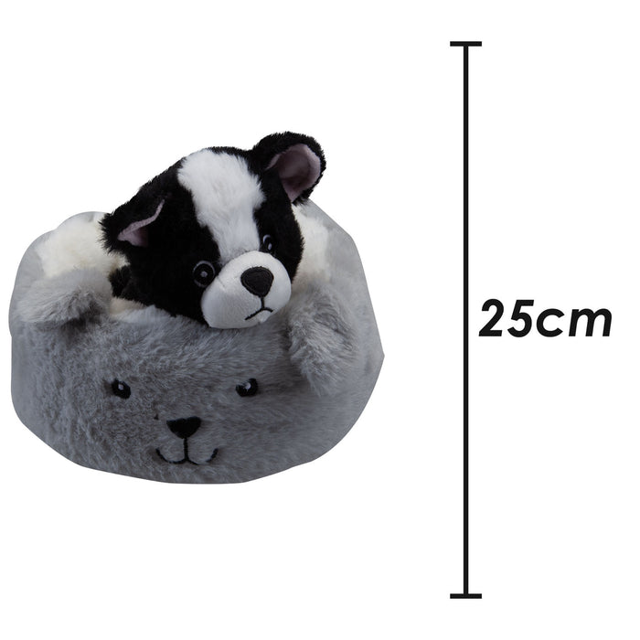 Black Dog Soft Toy Grey Bed Cute Dog Plush Cuddly Soft Fluffy Doggy 25cm Grey