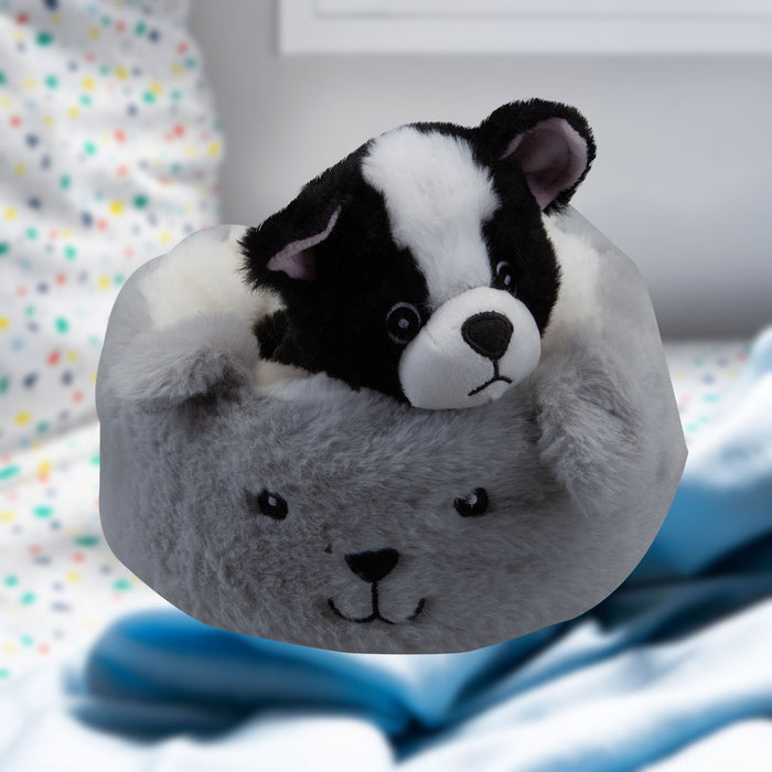 Black Dog Soft Toy Grey Bed Cute Plush Fluffy Doggy