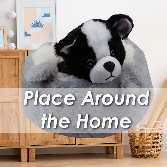 Black Dog Soft Toy Grey Bed Cute Plush Fluffy Doggy
