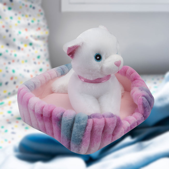 White Cat Soft Toy Pink Basket Cute Cat Plush Cuddly Soft Fluffy Kitty 25cm Pink