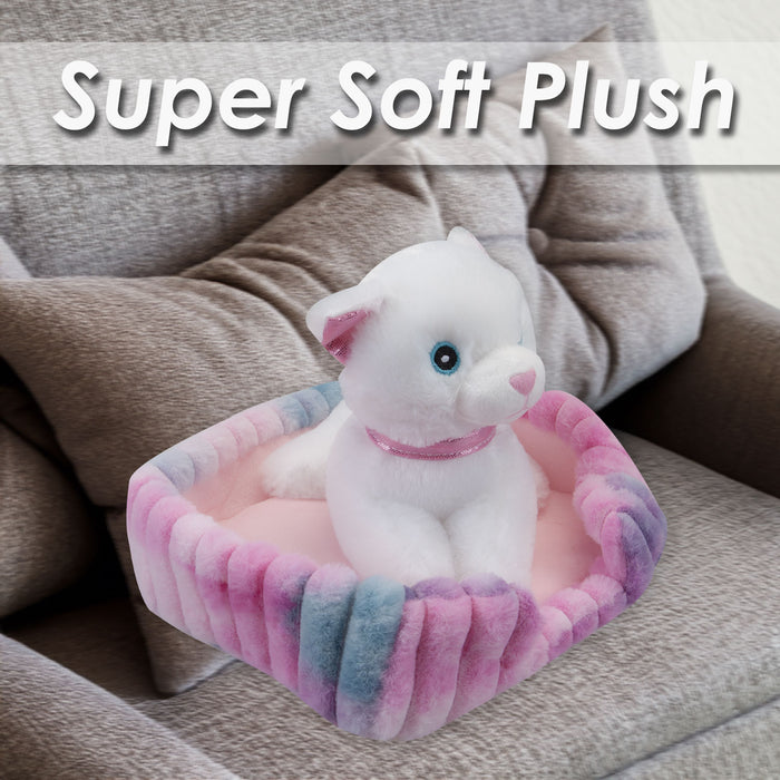 White Cat Soft Toy Pink Basket Cute Cat Plush Cuddly Soft Fluffy Kitty 25cm Pink