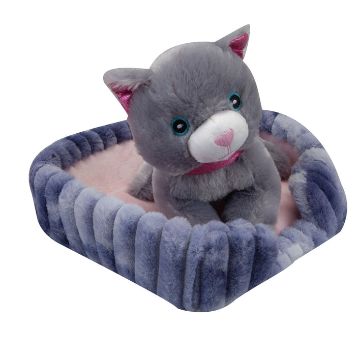 Grey Cat Soft Toy Purple Basket Cute Cat Plush Cuddly Fluffy Kitty 25cm Purple