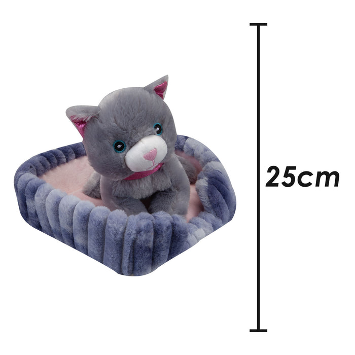 Grey Cat Soft Toy Purple Basket Cute Cat Plush Cuddly Fluffy Kitty 25cm Purple