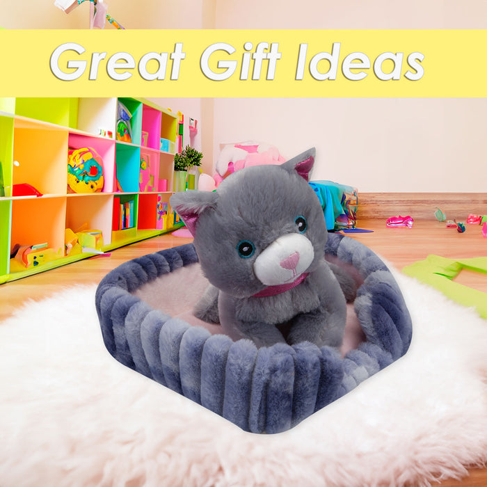 Grey Cat Soft Toy Purple Basket Cute Cat Plush Cuddly Fluffy Kitty 25cm Purple