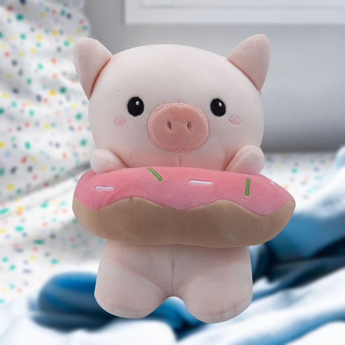 Pig Soft Toy Donut Animal Food Plush Cuddly Soft Furry Fluffy 18cm Pink