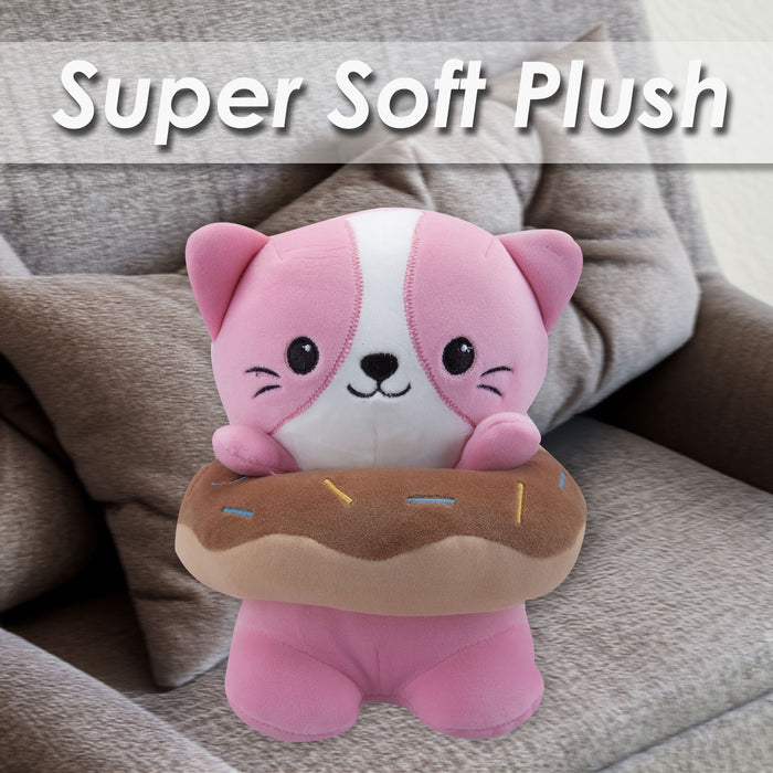 Cat Soft Toy Donut Animal Food Plush Cuddly Soft Furry Fluffy 18cm Pink