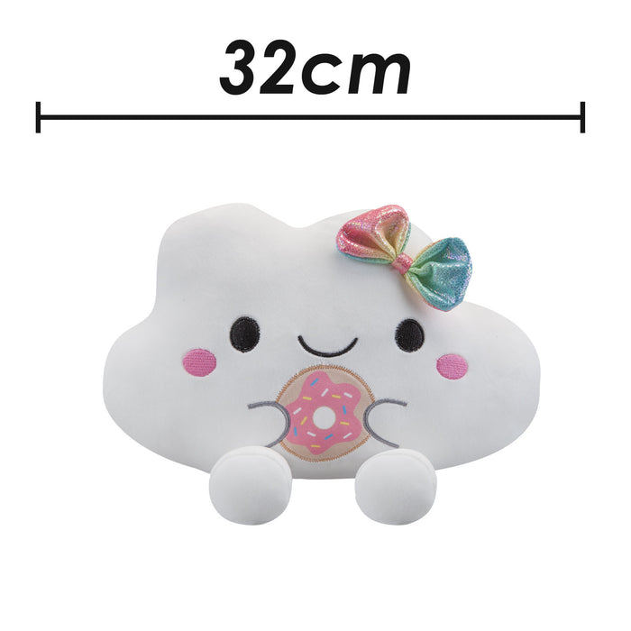 Cloud Soft Toy Holding Donut Plush Cuddly Soft Fluffy Furry Cute 32cm White