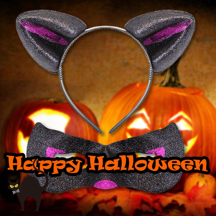 Halloween Cats Ears and Mask Set Halloween Party, Trick or Treat  Black Glitter