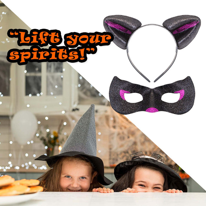 Halloween Cats Ears and Mask Set Halloween Party, Trick or Treat Black Glitter