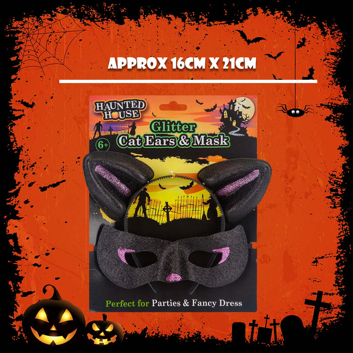 Halloween Cats Ears & Mask Set Halloween Party, Trick or Treat Black Glitter