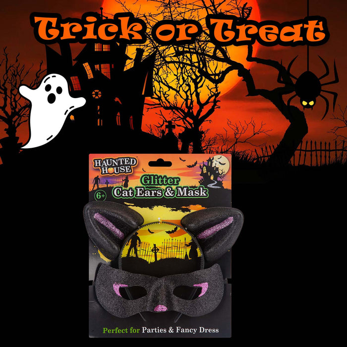 Halloween Cats Ears & Mask Set Halloween Party, Trick or Treat Black Glitter