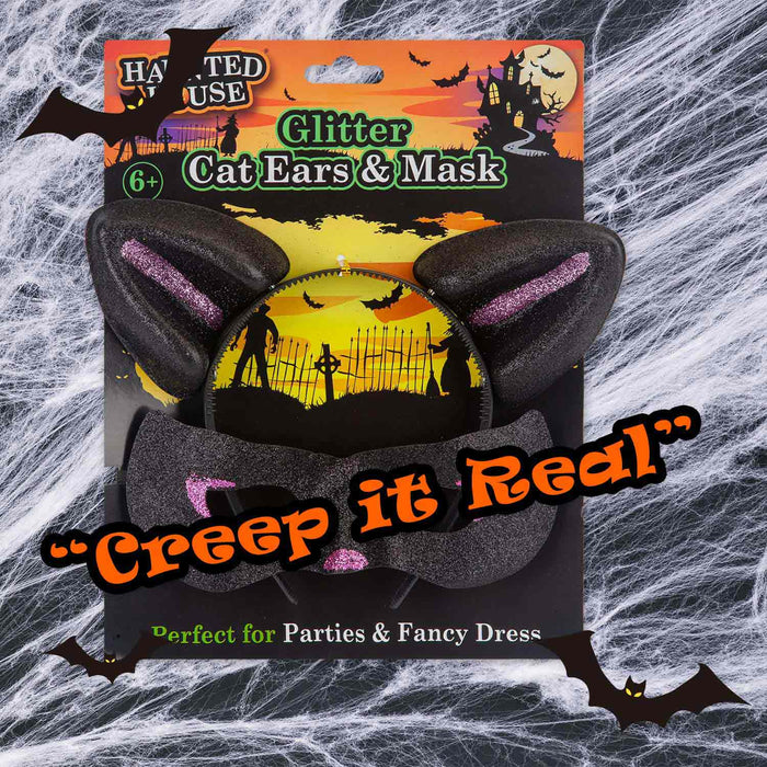Halloween Cats Ears & Mask Set Halloween Party, Trick or Treat Black Glitter