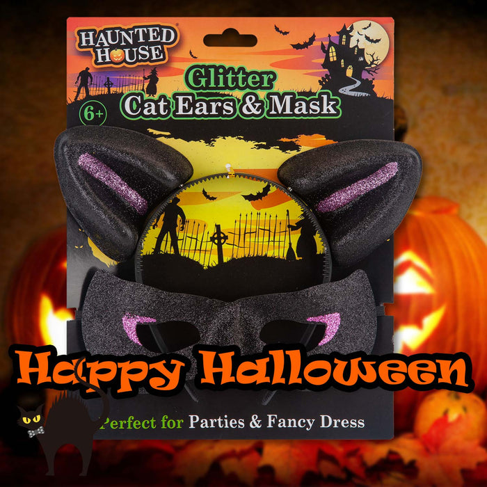 Halloween Cats Ears & Mask Set Party, Trick or Treat Black