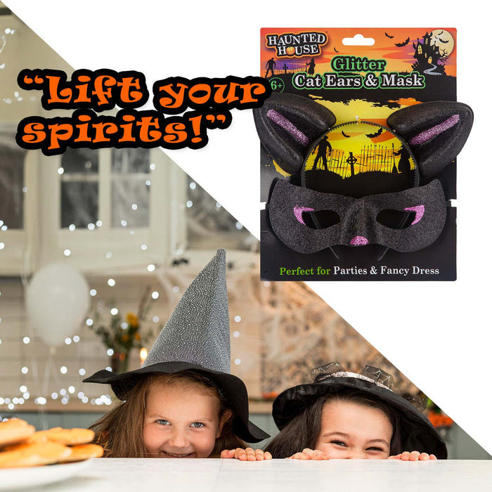 Halloween Cats Ears & Mask Set Halloween Party, Trick or Treat Black Glitter