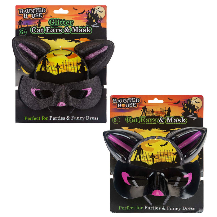 Halloween Cats Ears & Mask Set Halloween Party, Trick or Treat Black Glitter