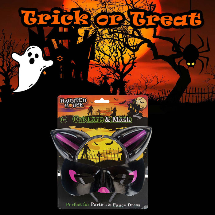 Halloween Cats Ears & Mask Set Halloween Party, Trick or Treat  Black Shiny