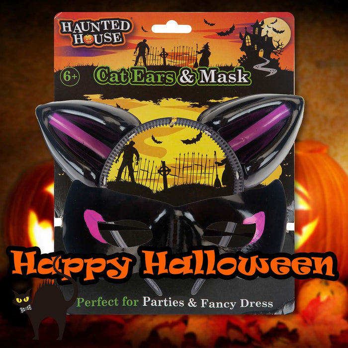 Halloween Cats Ears & Mask Set Halloween Party, Trick or Treat  Black Shiny