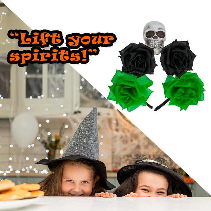 Halloween Glitter Headband 3 Roses Skull Design Trick or Treat Party Green