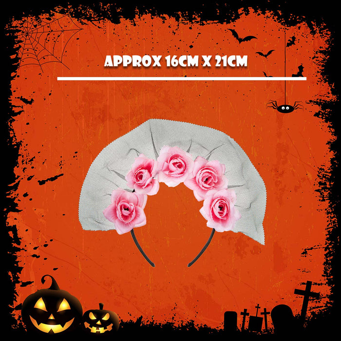 Halloween Veil Headband 5 Roses Design Halloween Party, Trick or Treat  Pink