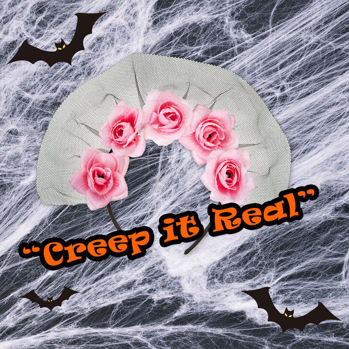 Halloween Veil Headband 5 Roses Design Halloween Party, Trick or Treat  Pink