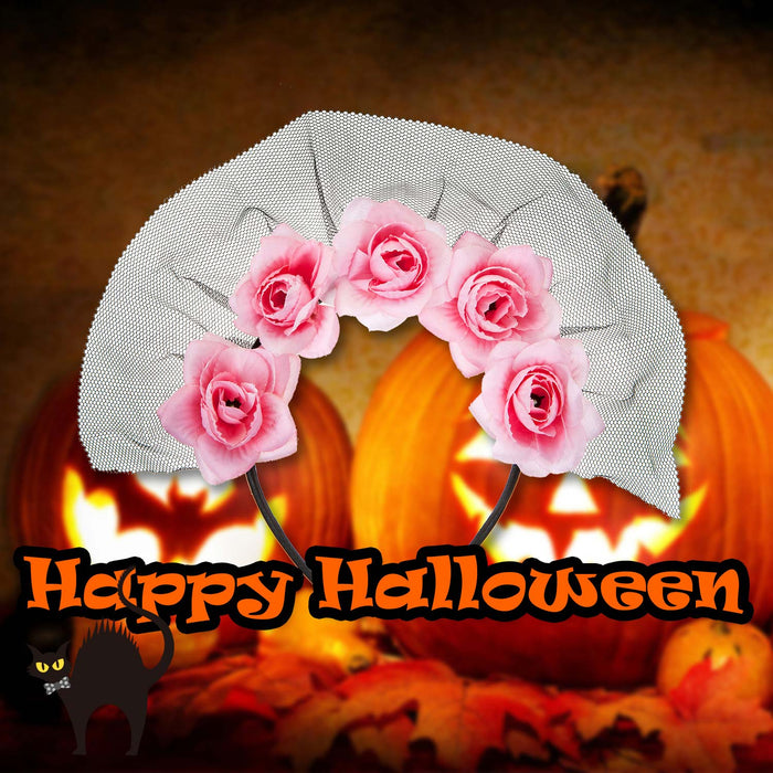 Halloween Veil Headband 5 Roses Design Halloween Party, Trick or Treat  Pink