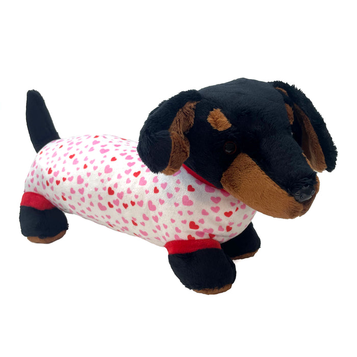 Sausage Dog Soft Toy - Dachshund Valentines Day Black with White Hearts 30cm