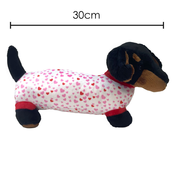 Sausage Dog Soft Toy - Dachshund Valentines Day Black with White Hearts 30cm