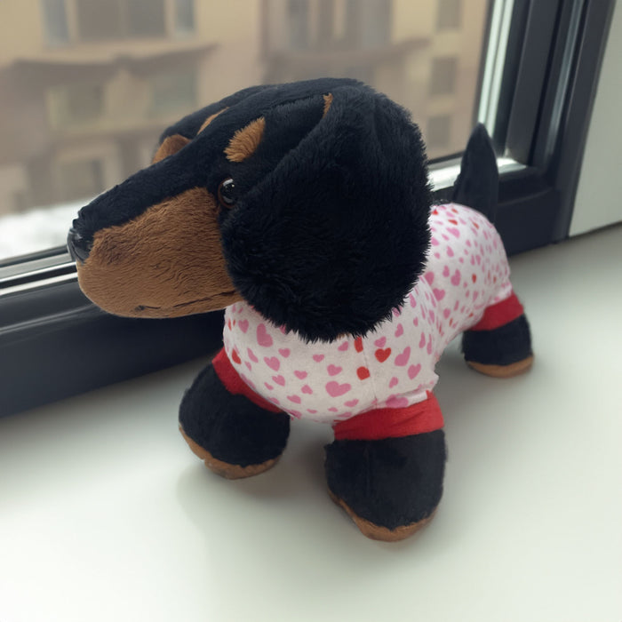 Sausage Dog Soft Toy - Dachshund Valentines Day Black with White Hearts 30cm