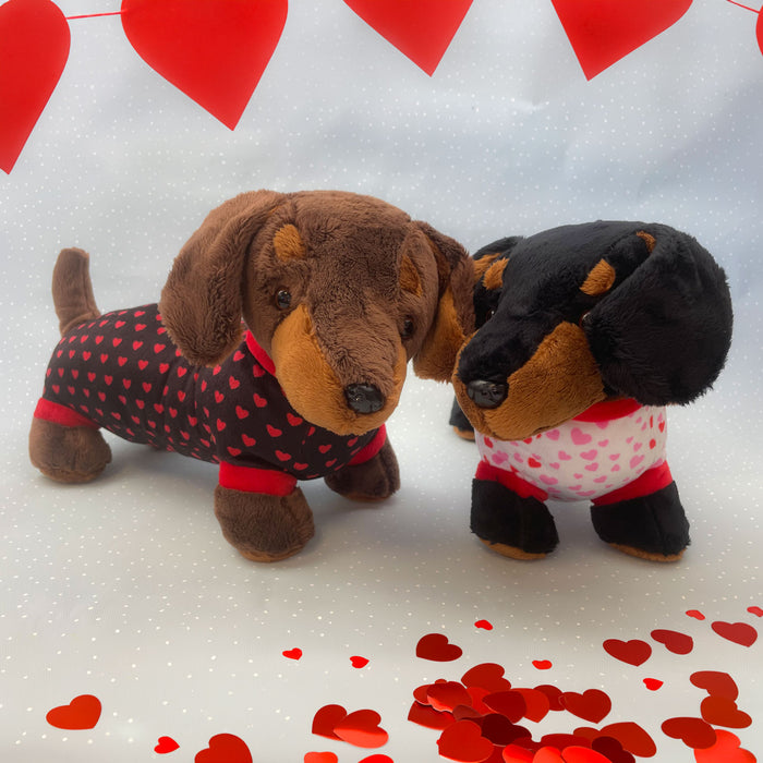 Sausage Dog Soft Toy - Dachshund Valentines Day Black with White Hearts 30cm