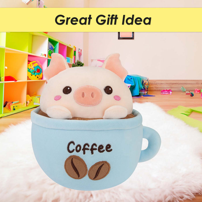 Pig Coffee Cup Soft Toy Plush Stuffed Blue