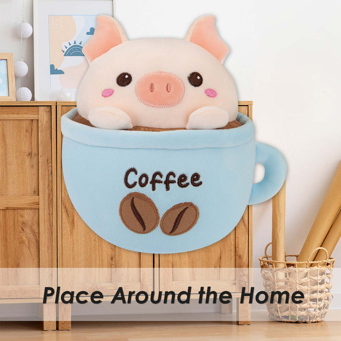 Pig Coffee Cup Soft Toy Plush Stuffed Blue