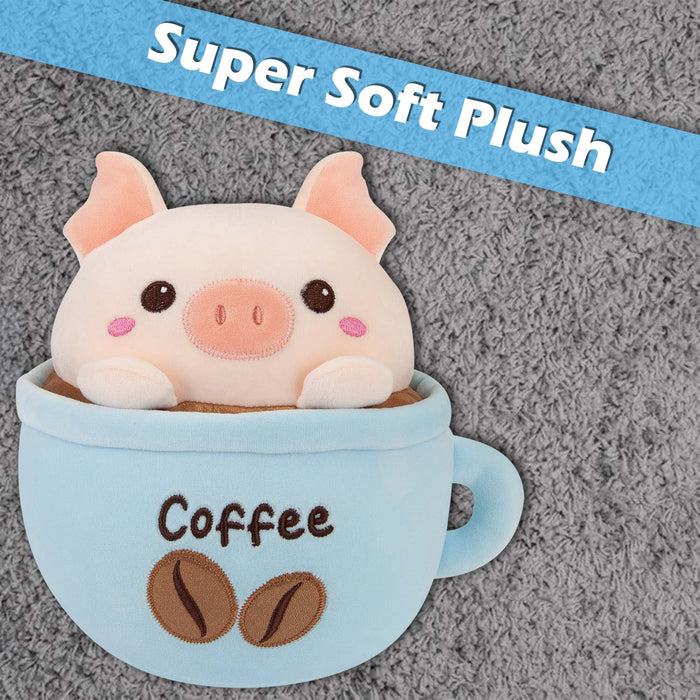 Pig Coffee Cup Soft Toy Plush Stuffed Blue