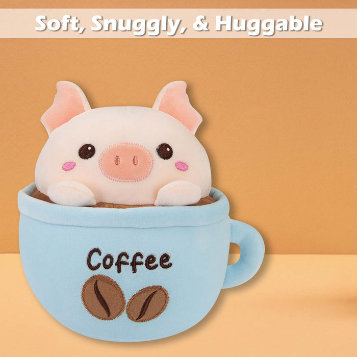 Pig Coffee Cup Soft Toy Cute Plushie Huggable Cuddly Stuffed Toy 20cm Blue