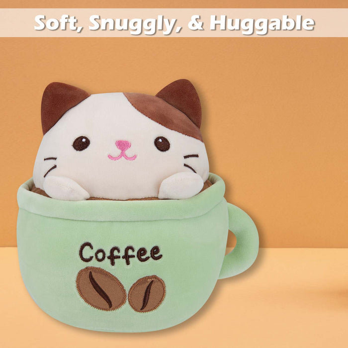 Cat Coffee Cup Soft Toy Cute Plushie Huggable Cuddly Stuffed Toy 20cm Green