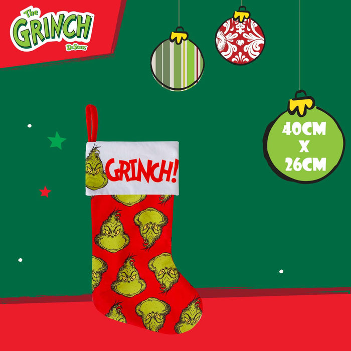 Grinch Christmas Stocking  40cm x 26cm White Cuff Multi Grinch X 1