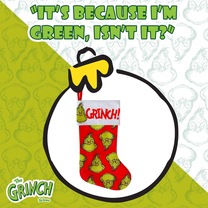 Grinch Christmas Stocking  40cm x 26cm White Cuff Multi Grinch X 1